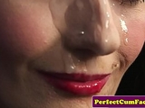 Blowjob loving milf tastes cum on her knees
